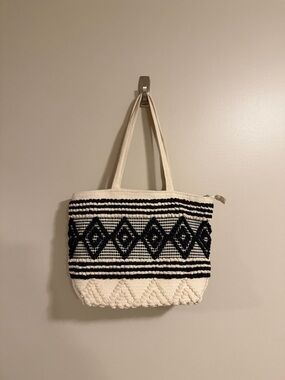 Boho Woven Tote Back in black and cream
